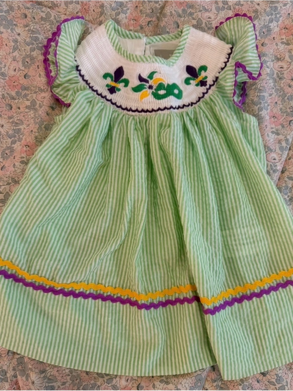 Girls' Light Green Striped Smocked Mardi Gras Dress with Purple & Yellow Trim